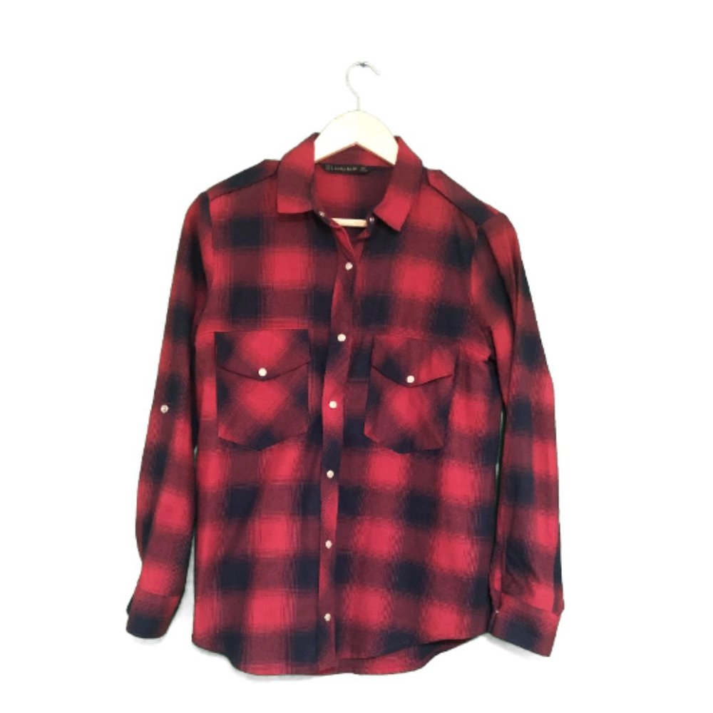 Zara Basic Red/Navy Flannel Plaid Shirt US M